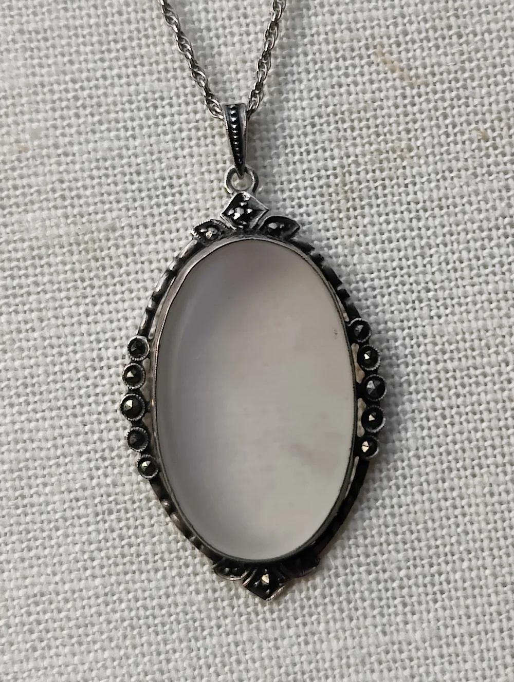 Vintage Sterling Art Deco Camphor Glass And Marcasite Pendant Necklace
